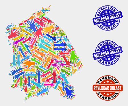 Vector handmade combination of Pavlodar Region map and rubber stamp seals. Mosaic Pavlodar Region map is done of randomized bright colored hands. Rounded seals with distress rubber texture.のイラスト素材