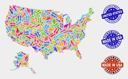 Vector handmade composition of USA with Alaska map and corroded watermarks. Mosaic USA with Alaska map is composed with randomized bright colored hands.のイラスト素材