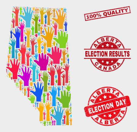 Ballot Alberta Province map and seal stamps. Red rectangular 100% Quality scratched stamp. Colorful Alberta Province map mosaic of raised voting hands. Vector collage for election day,のイラスト素材