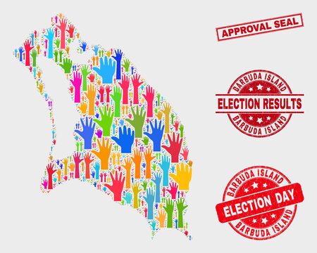 Poll Barbuda Island map and seals. Red rectangle Approval Seal textured seal. Bright Barbuda Island map mosaic of raised up ballot hands. Vector composition for election day, and ballot results.のイラスト素材