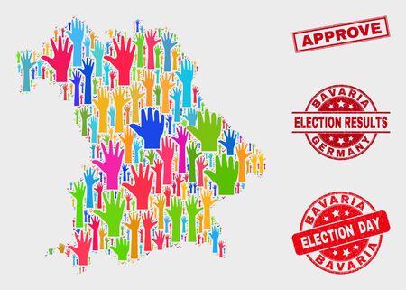 Democrat Bavaria Land map and seal stamps. Red rectangle Approve textured seal. Colored Bavaria Land map mosaic of raised up election hands. Vector combination for election day, and ballot results.のイラスト素材