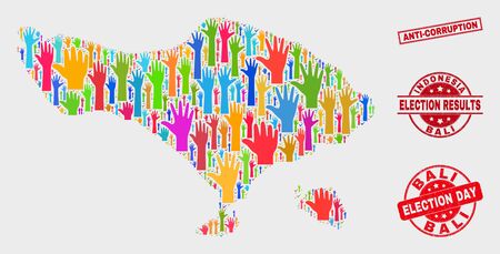 Ballot Bali map and seal stamps. Red rectangular Anti-Corruption scratched watermark. Colored Bali map mosaic of upwards volunteer arms. Vector collage for election day, and ballot results.のイラスト素材