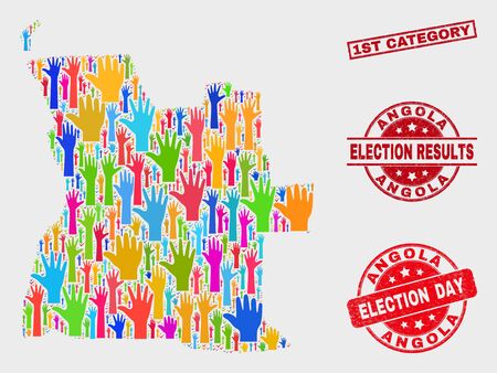 Democrat Angola map and seals. Red rectangle 1St Category distress watermark. Colored Angola map mosaic of raised up election arms. Vector combination for election day, and referendum results.のイラスト素材