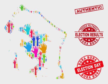 Ballot Bora-Bora map and seal stamps. Red rectangular Authentic scratched seal. Bright Bora-Bora map mosaic of raised referendum arms. Vector combination for election day, and referendum results.のイラスト素材