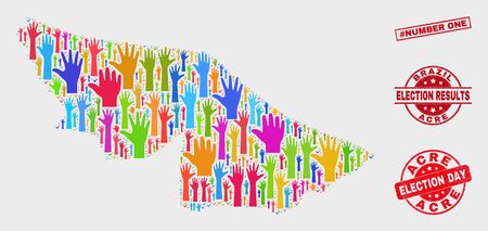 Vote Acre State map and seals. Red rectangle #Number One scratched seal stamp. Colored Acre State map mosaic of raised vote hands. Vector collage for election day, and referendum results.のイラスト素材