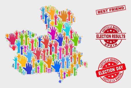 Democrat Castile-La Mancha Province map and watermarks. Red rectangular Best Friend grunge seal stamp. Colored Castile-La Mancha Province map mosaic of raised up election hands.のイラスト素材
