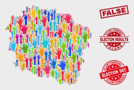 Ballot Kujawy-Pomerania Province map and seal stamps. Red rectangular False scratched seal stamp. Bright Kujawy-Pomerania Province map mosaic of raised voting arms.のイラスト素材