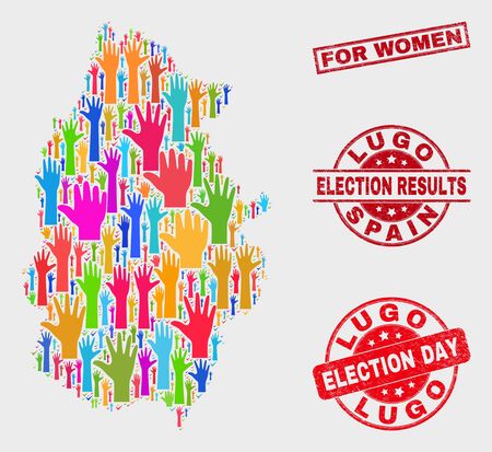 Democrat Lugo Province map and seal stamps. Red rectangle For Women grunge seal stamp. Bright Lugo Province map mosaic of raised solution hands. Vector collage for election day, and ballot results.のイラスト素材