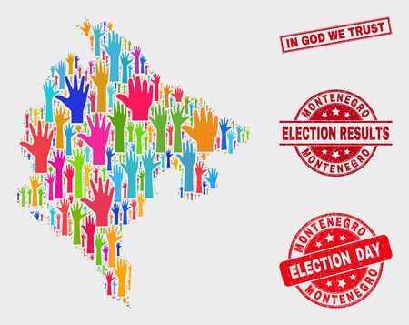 Ballot Montenegro map and seal stamps. Red rectangular In God We Trust scratched stamp. Colorful Montenegro map mosaic of upwards help hands. Vector composition for election day, and ballot results.のイラスト素材
