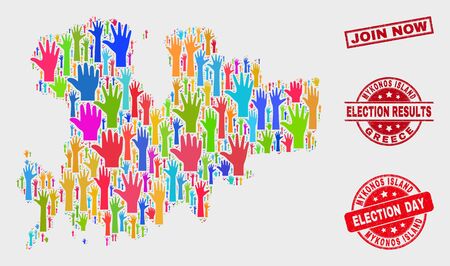 Voting Mykonos Island map and seal stamps. Red rectangle Join Now distress seal. Bright Mykonos Island map mosaic of upwards election arms. Vector combination for election day, and ballot results.のイラスト素材