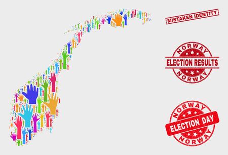 Vote Norway map and seals. Red rectangle Mistaken Identity grunge stamp. Colorful Norway map mosaic of upwards vote arms. Vector composition for election day, and referendum results.のイラスト素材