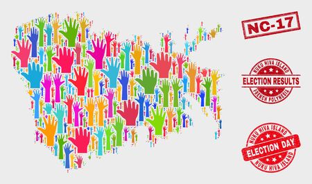 Ballot Nuku Hiva Island map and watermarks. Red rectangular Nc-17 textured seal stamp. Bright Nuku Hiva Island map mosaic of upwards solution arms. Vector combination for election day,のイラスト素材