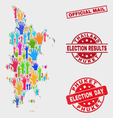 Political Phuket map and seal stamps. Red rectangular Official Mail grunge seal stamp. Colorful Phuket map mosaic of upwards like hands. Vector collage for election day, and referendum results.のイラスト素材