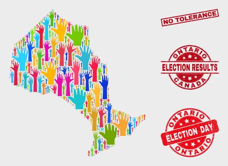 Election Ontario Province map and watermarks. Red rectangular No Tolerance grunge seal. Bright Ontario Province map mosaic of upwards ballot arms. Vector collage for election day, and ballot results.のイラスト素材