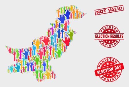 Election Pakistan map and seals. Red rectangle Not Valid textured seal stamp. Colorful Pakistan map mosaic of raised election hands. Vector composition for election day, and referendum results.のイラスト素材