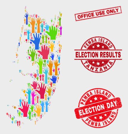 Election Pemba island map and seals. Red rectangular Office Use Only distress watermark. Colored Pemba island map mosaic of upwards choice hands. Vector composition for election day,のイラスト素材