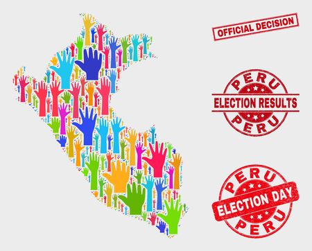Democrat Peru map and seal stamps. Red rectangular Official Decision grunge seal stamp. Colored Peru map mosaic of raised up raising arms. Vector combination for election day, and referendum results.のイラスト素材