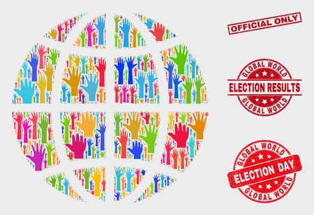 Democracy planet globe and watermarks. Red rectangular Official Only scratched stamp. Colored planet globe mosaic of raised up election hands. Vector composition for election day,のイラスト素材