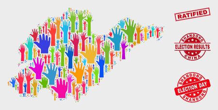 Political Shandong Province map and seal stamps. Red rectangular Ratified textured seal. Colored Shandong Province map mosaic of raised up ballot arms. Vector collage for election day,のイラスト素材