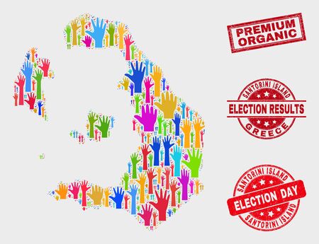 Ballot Santorini Island map and seal stamps. Red rectangle Premium Organic grunge seal stamp. Colorful Santorini Island map mosaic of raised up like arms. Vector collage for election day,のイラスト素材