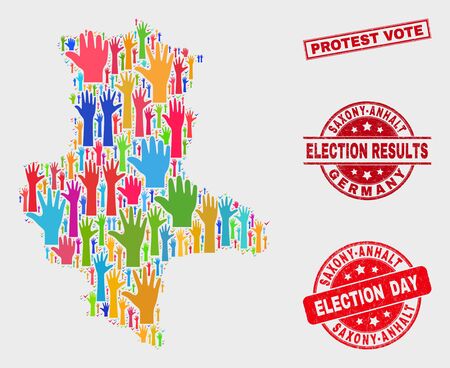 Ballot Saxony-Anhalt Land map and seals. Red rectangle Protest Vote distress seal stamp. Bright Saxony-Anhalt Land map mosaic of raised up selection hands. Vector composition for election day,のイラスト素材
