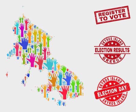 Ballot Skyros Island map and watermarks. Red rectangle Register to Vote scratched stamp. Colored Skyros Island map mosaic of raised up ballot arms. Vector combination for election day,のイラスト素材