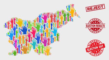 Voting Slovenia map and seal stamps. Red rectangle Reject scratched seal stamp. Colorful Slovenia map mosaic of upwards raising arms. Vector combination for election day, and referendum results.のイラスト素材