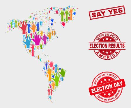 Election South and North America map and watermarks. Red rectangular Say Yes scratched seal. Colored South and North America map mosaic of raised up selection hands.のイラスト素材