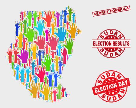 Vote Sudan map and seals. Red rectangle Secret Formula distress seal stamp. Colorful Sudan map mosaic of raised up election hands. Vector combination for election day, and ballot results.のイラスト素材