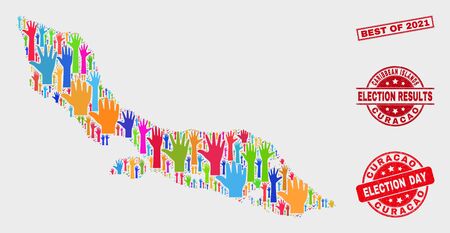 Ballot Curacao Island map and watermarks. Red rectangular Best of 2021 scratched watermark. Colored Curacao Island map mosaic of upwards election arms. Vector composition for election day,のイラスト素材