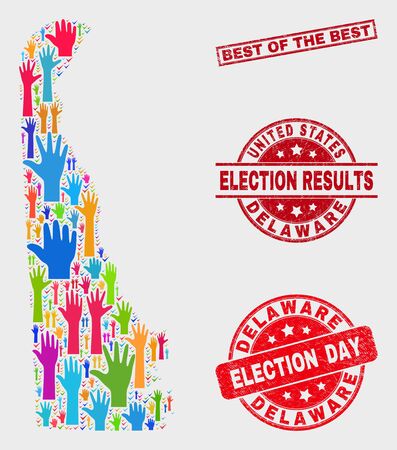 Ballot Delaware State map and stamps. Red rectangular Best of the Best scratched watermark. Colorful Delaware State map mosaic of upwards voting arms. Vector combination for election day,のイラスト素材