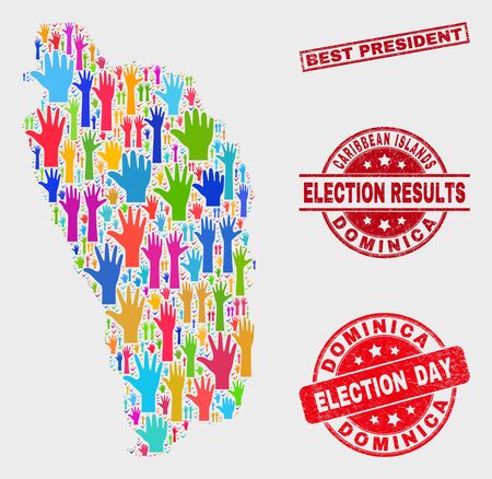Election Dominica Island map and seals. Red rectangular Best President distress watermark. Colorful Dominica Island map mosaic of raised up election hands. Vector combination for election day,のイラスト素材