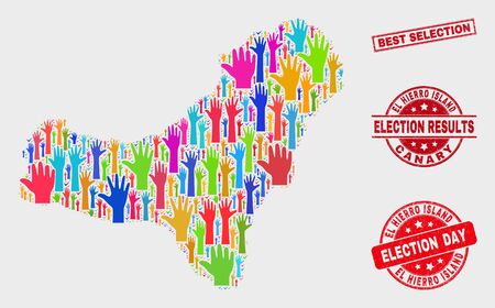 Electoral El Hierro Island map and seals. Red rectangular Best Selection distress watermark. Colorful El Hierro Island map mosaic of upwards electoral arms. Vector collage for election day,のイラスト素材