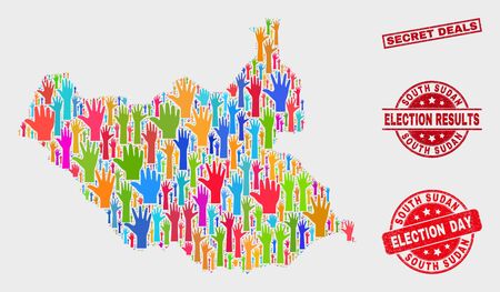 Political South Sudan map and watermarks. Red rectangle Secret Deals textured stamp. Bright South Sudan map mosaic of upwards ballot hands. Vector composition for election day, and ballot results.のイラスト素材