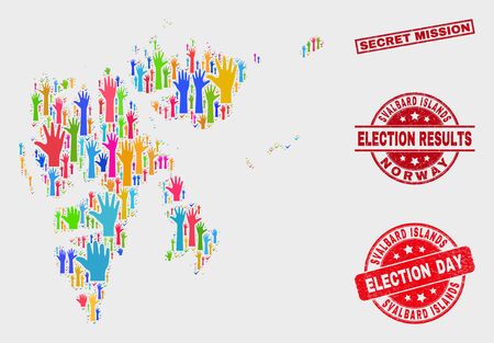 Election Svalbard Islands map and seals. Red rectangle Secret Mission scratched stamp. Bright Svalbard Islands map mosaic of upwards vote hands. Vector composition for election day,のイラスト素材
