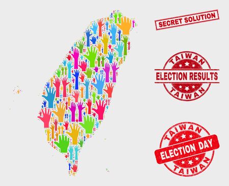 Election Taiwan map and seal stamps. Red rectangle Secret Solution distress seal. Bright Taiwan map mosaic of raised up vote arms. Vector composition for election day, and referendum results.のイラスト素材
