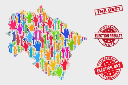 Democrat Uttarakhand State map and seal stamps. Red rectangular The Best distress seal. Colorful Uttarakhand State map mosaic of raised up help arms. Vector collage for election day,のイラスト素材