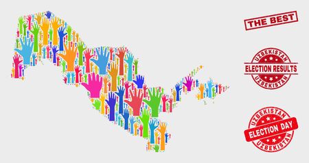 Election Uzbekistan map and seal stamps. Red rectangular The Best distress seal stamp. Bright Uzbekistan map mosaic of raised selection hands. Vector combination for election day,のイラスト素材