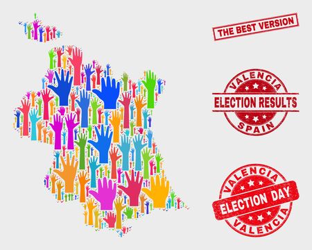 Poll Valencia Province map and seal stamps. Red rectangle The Best Version distress seal. Colorful Valencia Province map mosaic of raised up ballot arms. Vector collage for election day,のイラスト素材
