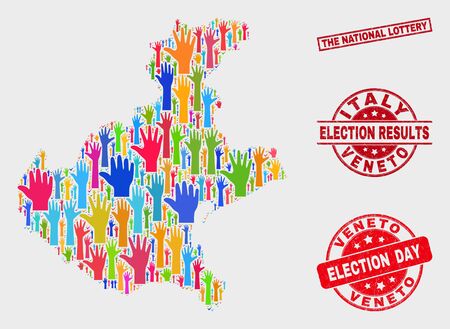 Election Veneto region map and seal stamps. Red rectangle The National Lottery scratched seal stamp. Bright Veneto region map mosaic of upwards solution arms. Vector collage for election day,のイラスト素材