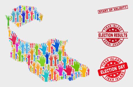 Vote Tiran Island map and seal stamps. Red rectangle Start of Validity scratched seal stamp. Colorful Tiran Island map mosaic of raised choice hands. Vector combination for election day,のイラスト素材