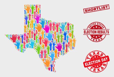 Democrat Texas State map and seal stamps. Red rectangle Shortlist distress seal. Colored Texas State map mosaic of raised up electoral hands. Vector collage for election day, and referendum results.のイラスト素材