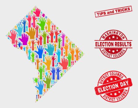 Ballot Washington District Columbia map and seal stamps. Red rectangle Tips and Tricks scratched seal. Colored Washington District Columbia map mosaic of upwards solution hands.のイラスト素材
