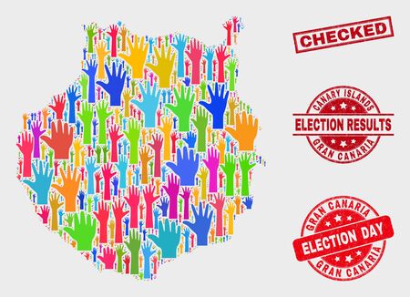 Election Gran Canaria map and seal stamps. Red rectangular Checked scratched watermark. Bright Gran Canaria map mosaic of raised raising arms. Vector combination for election day,のイラスト素材