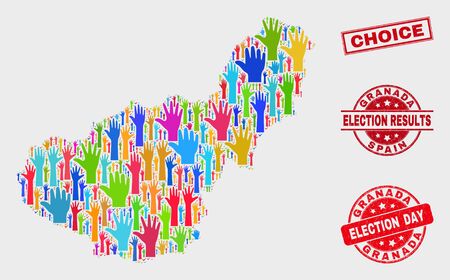 Democrat Granada Province map and stamps. Red rectangular Choice textured seal stamp. Colorful Granada Province map mosaic of raised election hands. Vector composition for election day,のイラスト素材
