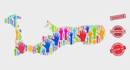 Political Grand Cayman Island map and watermarks. Red rectangular Choice grunge stamp. Colorful Grand Cayman Island map mosaic of upwards referendum arms. Vector collage for election day,のイラスト素材