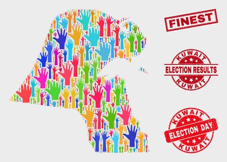Ballot Kuwait map and seal stamps. Red rectangular Finest distress seal stamp. Colorful Kuwait map mosaic of raised up support arms. Vector combination for election day, and ballot results.のイラスト素材