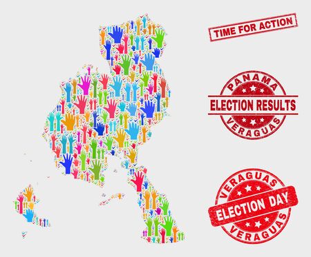 Ballot Veraguas Province map and watermarks. Red rectangle Time for Action grunge seal stamp. Colored Veraguas Province map mosaic of upwards election hands. Vector combination for election day,のイラスト素材