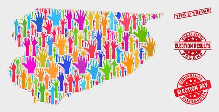 Democracy Warmian-Masurian Voivodeship map and seal stamps. Red rectangle Tips & Tricks distress seal. Colorful Warmian-Masurian Voivodeship map mosaic of upwards referendum hands.のイラスト素材