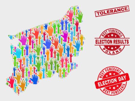 Election West Pomeranian Voivodeship map and seal stamps. Red rectangular Tolerance grunge seal. Bright West Pomeranian Voivodeship map mosaic of raised up decision arms.のイラスト素材